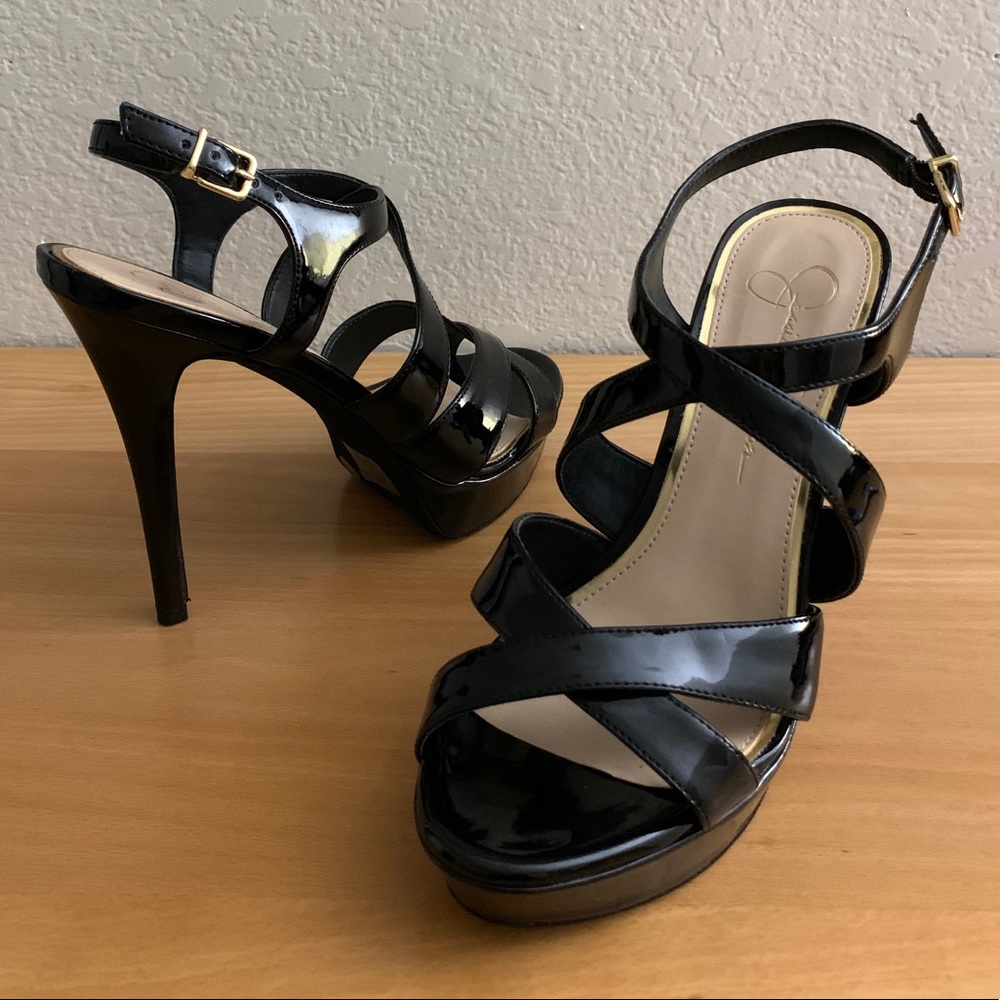 EUC Jessica Simpson black strappy platform heels